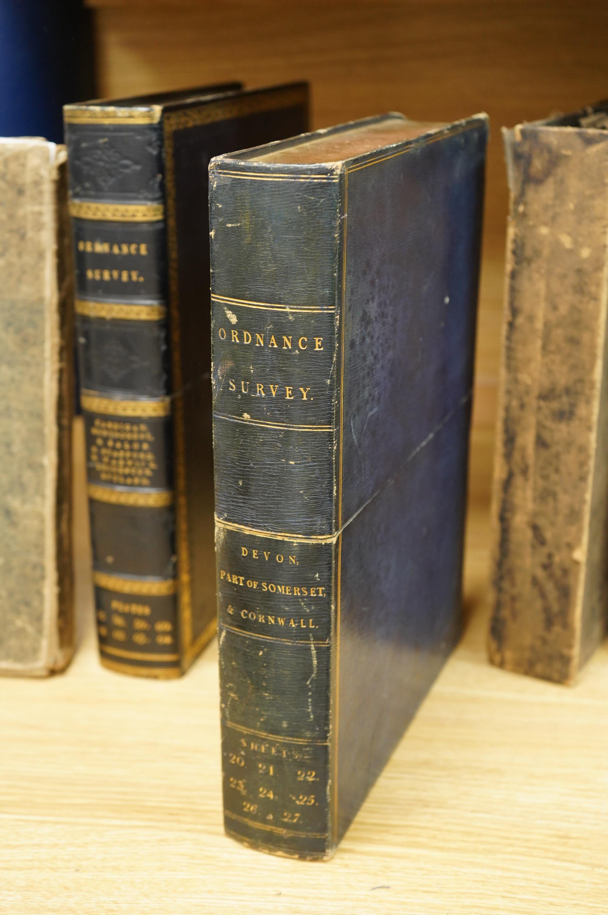 Ordnance Survey maps of Devon, including part of Somerset and Cornwall, comprising of a set of eight engraved maps mounted on linen and edged with blue cotton, including sheet no.s; 20, 21, 22, 23, 24, 25, 26, and 27, pu